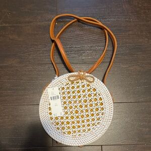 Anthropologie White and Tan Crossbody Raffia Bag